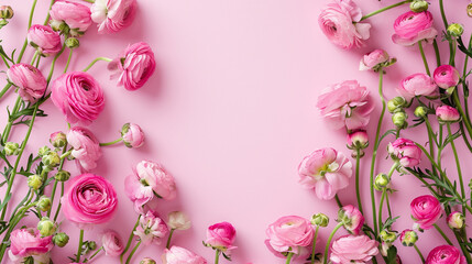 A frame of small pink ranunculus on a gradient of soft pinks, Valentine's Day, Flat lay, top view, with copy space