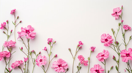 Obraz na płótnie Canvas Delicately arranged pink phlox flowers forming a minimalist border, Valentine's Day, Flat lay, top view, with copy space
