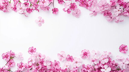 Naklejka premium Delicately arranged pink phlox flowers forming a minimalist border, Valentine's Day, Flat lay, top view, with copy space
