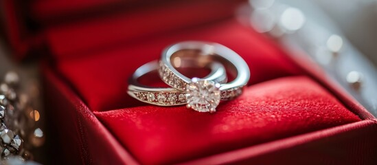 Red box contains close-up diamond wedding rings of a couple.