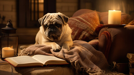 暖かい蝋燭の灯る部屋で読書をする犬 - obrazy, fototapety, plakaty
