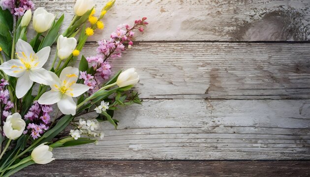 Bouquet of flowers on wooden background with copy space
