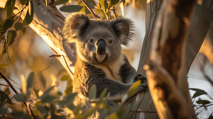A koala nestled in the eucalyptus trees during the soft light of dusk. World wildlife day concept