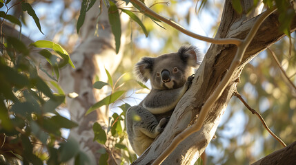 Fototapeta premium A koala nestled in the eucalyptus trees during the soft light of dusk. World wildlife day concept
