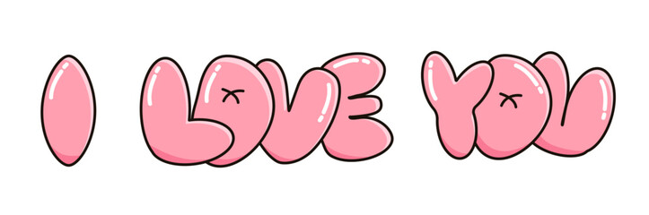 Groovy sticker pink vector phrase I Love You text vector illustration on white isolated background. Modern groovy Valentines day outline bubble type