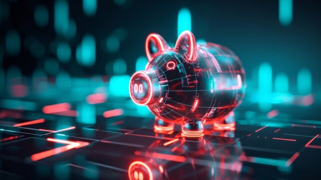 Digital illustration of a futuristic piggy bank with a holographic glow generative ai