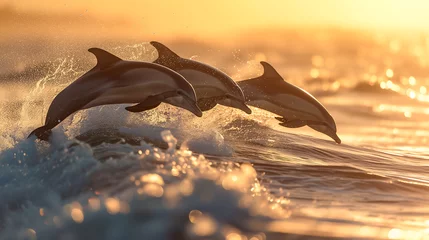 Zelfklevend Fotobehang A pod of dolphins gracefully leaping and playing in the ocean waves during the sunset. Wildlife day © Tazzi Art