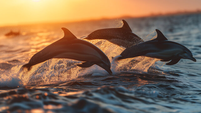 A pod of dolphins gracefully leaping and playing in the ocean waves during the sunset. Wildlife day