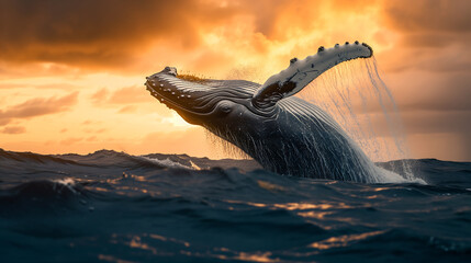 Humpback whale breaching the surface during the evening. World wildlife day concept