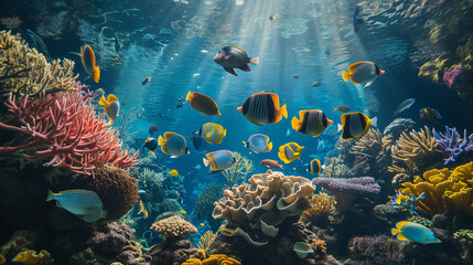 Fototapeta na wymiar An underwater life with vibrant coral formations and exotic fish. World wildlife day concept