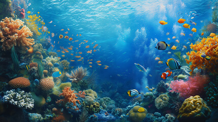 An underwater life with vibrant coral formations and exotic fish. World wildlife day concept