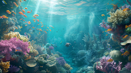 Naklejka na ściany i meble An underwater life with vibrant coral formations and exotic fish. World wildlife day concept
