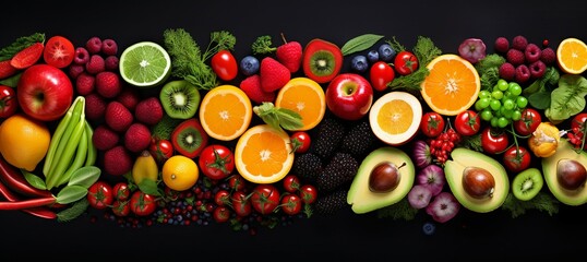 Fruits and vegetables background. Healthy food concept. Top view.