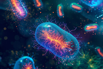 An illustration of glowing bioluminescent bacteria