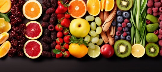 Fruits and berries background. Top view with space for your text
