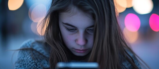 Fototapeta premium Cyberbullying victim: girl using smartphone experiences online harassment.