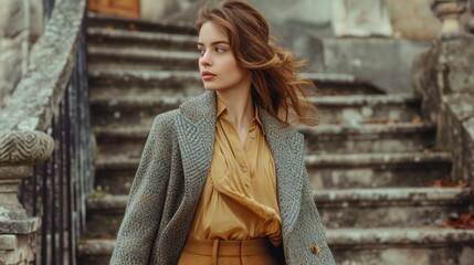 Urban Autumn Elegance: Woman in Golden Beige Blouse, High-Waisted Woolen Skirt, Textured Grey Coat, Old Stone Building Setting, Soft Light - obrazy, fototapety, plakaty