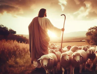 Foto op Canvas religion Jesus and the sheep on a meadow pasture at sunset © poco_bw