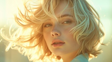 Soft and Ethereal Beauty Portrait: Woman with Dynamic Tousled Bob, Side-Swept Fringe Covering One Eye, Flawless Pale Skin, Gradient Light Background for Serene Atmosphere