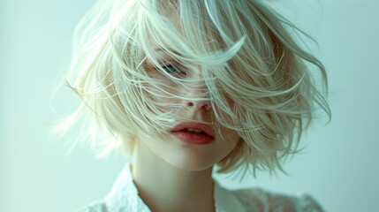 Soft and Ethereal Beauty Portrait: Woman with Dynamic Tousled Bob, Side-Swept Fringe Covering One Eye, Flawless Pale Skin, Gradient Light Background for Serene Atmosphere