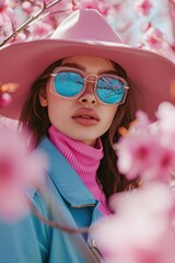 Spring Style in Cherry Blossom Setting: Stylish Young Woman with Wide-Brimmed Pink Hat, Blue Leather Jacket, Reflective Sunglasses, Blooming Pink Flowers Background