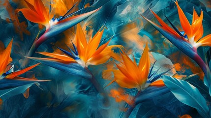 Exotic bird of paradise flowers in a dynamic mix of orange and blue hues generative ai - obrazy, fototapety, plakaty
