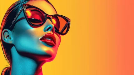 Fotobehang Vibrant Pop-Art Style Portrait: Woman with Sleek Side-Parted Hair, Dramatic Makeup, Studded Oversized Sunglasses, Glossy Red Lips, Bright Solid Background, High-Contrast © Ivy