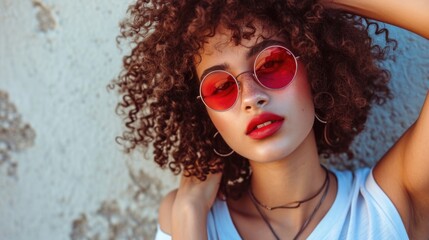 Playful Fashion Dynamism: Young Woman in Dynamic Pose, Curly Hair, Red Sunglasses, Red Lipstick, White Tee, Black Skirt, Movement, Blank Canvas Background