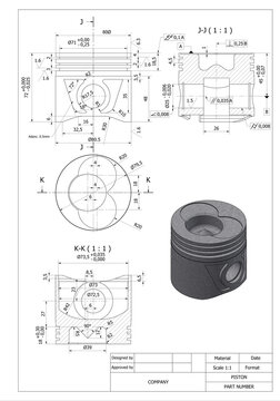 technical drawing of a piston ,a piston is a component of reciprocating engines.
