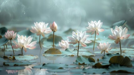 Exquisite lotus flowers in a serene tropical pond generative ai - obrazy, fototapety, plakaty