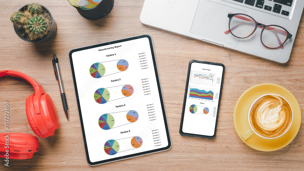 Poster office desk workplace with charts and reports on screen tablet and smart phone. top view flat lay.