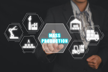 Mass production concept. Business woman hand touching mass production icon on virtual screen. Manufactory, Efficiency, Standards, Innovation, Automation, Resources, Assembly Line, Technology.