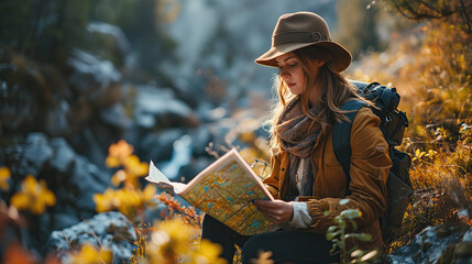 A young woman in a hat and a backpack is sitting on a rock and looking at a map. The concept of active tourism