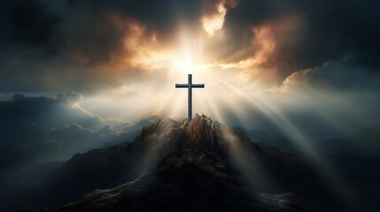 Cross on the top of the mountain with rays of light in the sky - obrazy, fototapety, plakaty