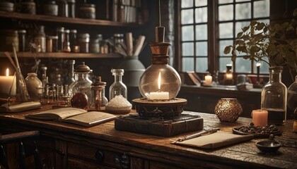 the alchemist's desk - obrazy, fototapety, plakaty