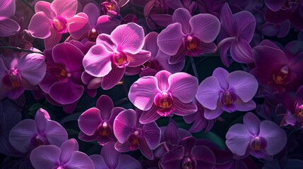 Fototapeta na wymiar Lush orchid blooms in a vibrant array of purples and magentas generative ai