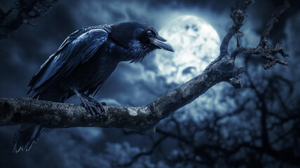 Raven on a gnarly branch in silhouette with the full moon - obrazy, fototapety, plakaty