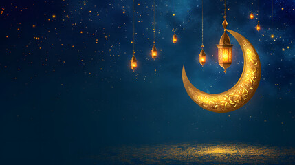 Obraz na płótnie Canvas Glowing ramadan lantern with crescent. Islamic greeting cards for muslim holidays and ramadan. Banner template for celebration ramadan.