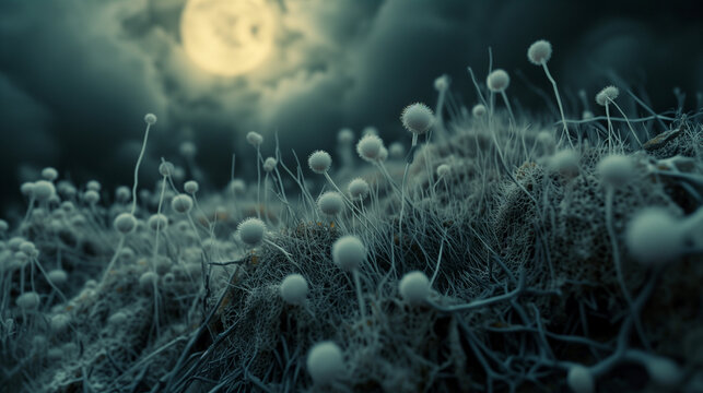Macro slime mold sporangia and mold hyphae in moonlight