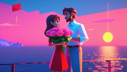 A man gives a girl flowers, pink roses against the backdrop of the sea. Valentine's Day. Birthday. March 8