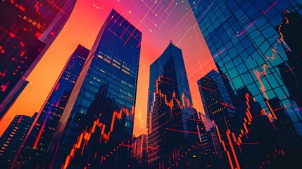 Silhouettes of skyscrapers with superimposed stock market graphs. iconic illustration of financial transaction growth indicators. generative AI