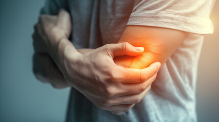 Close-up of a person clutching their elbow in pain, highlighting muscle discomfort, health concerns, joint inflammation, and chronic pain management.