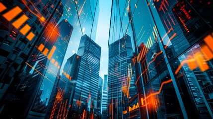 Silhouettes of skyscrapers with superimposed stock market graphs. iconic illustration of financial transaction growth indicators. generative AI - obrazy, fototapety, plakaty