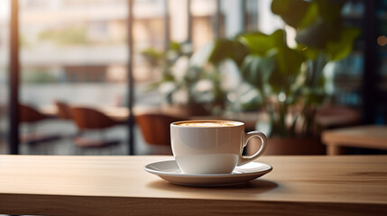 Blurred modern background, a cup of coffee on a wooden tabletop.