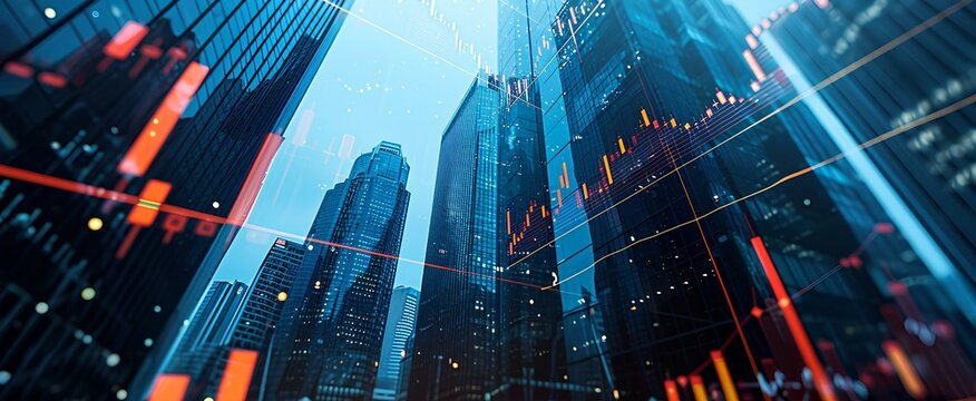 Silhouettes of skyscrapers with superimposed stock market graphs. iconic illustration of financial transaction growth indicators. generative AI