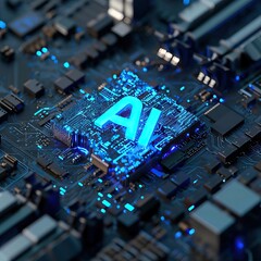 On top of a sophisticated chip, there is a hologram consisting of  letters AI