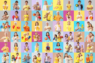 Group of little children with golden ribbons on color background. Childhood cancer awareness concept