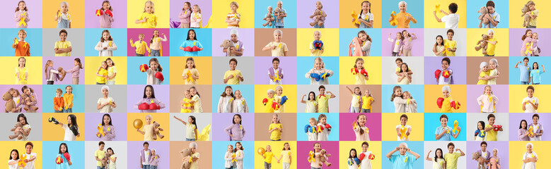 Set of little children with golden ribbons on color background. Childhood cancer awareness concept