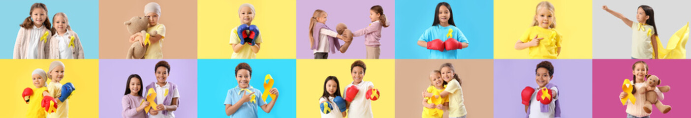 Collection of little children with golden ribbons on color background. Childhood cancer awareness concept