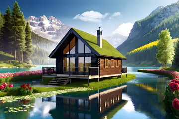 Fototapeta premium sky,clouds,cabin, house, water, lake, landscape, river, nature, Generative AI
